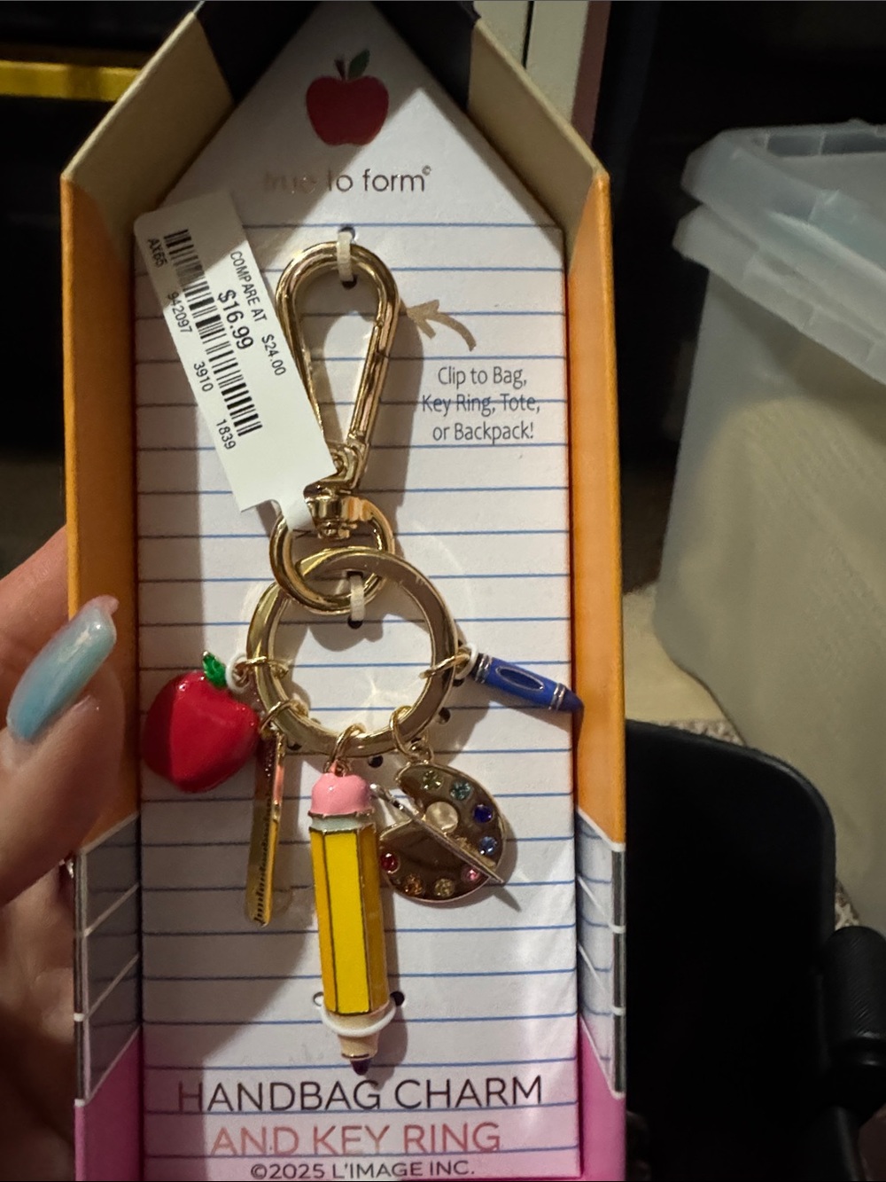 BNIB TRUE TO FORM School-Themed Gold Handbag Charm Key Ring with Pencil & Apple